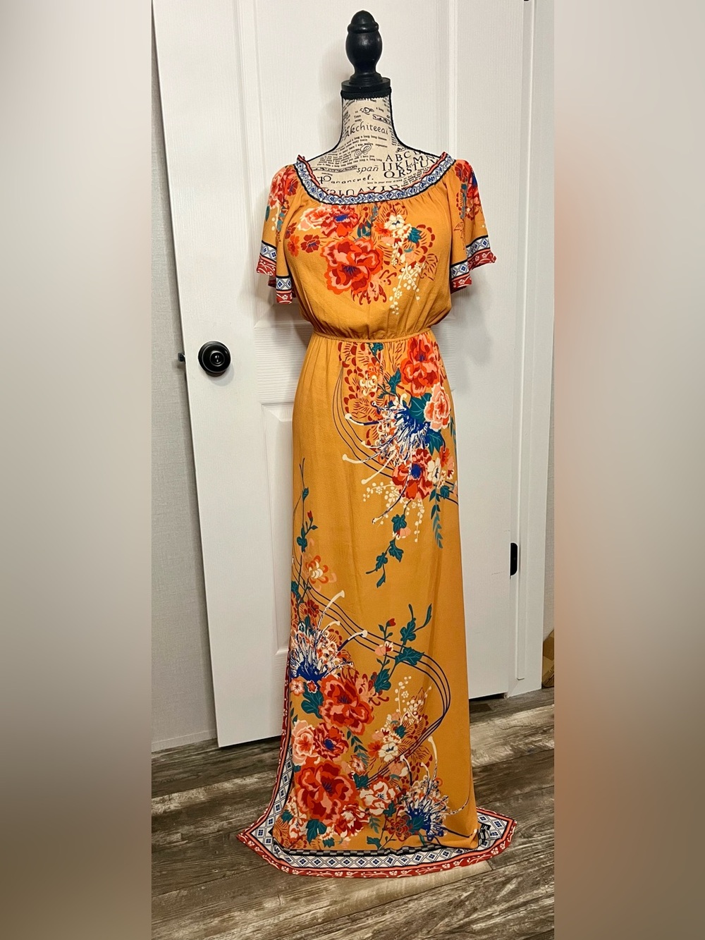 Flying Tomato Mustard Floral Maxi Dress with Red & Teal Accents